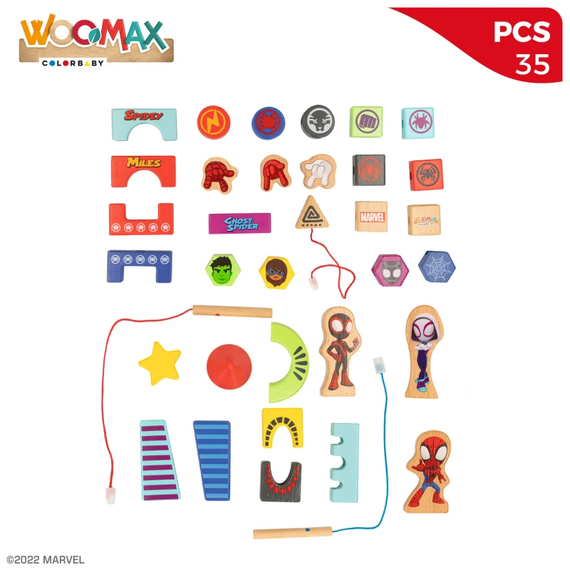 Bloques de Madera Spidey Apilables y Enlazables 33 Piezas, 31x4x28 Cm, Multicolor