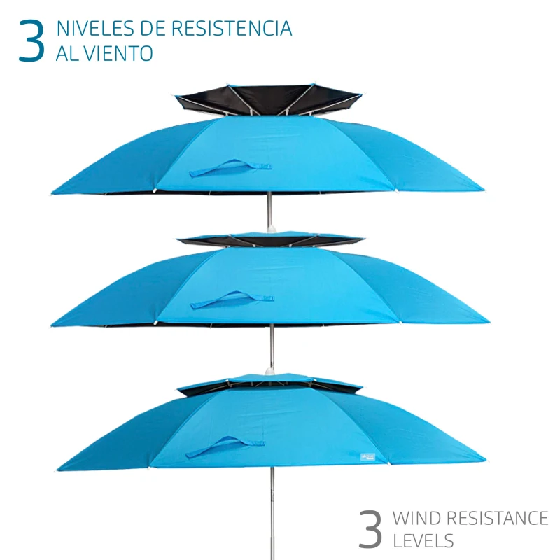 Sombrilla de Playa Antiviento Regulable 8 Varillas, 200x200x200 Cm, Azul