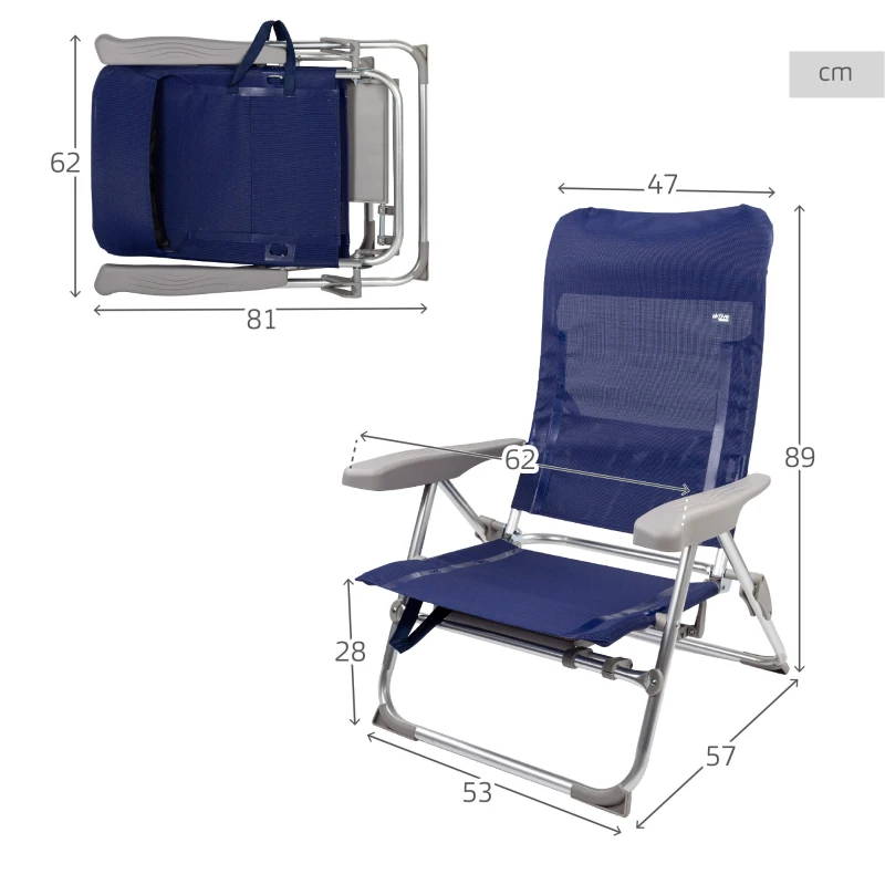 Silla de Playa Plegado Slim con Mesa Extraíble y Cojín, 47x57x89 Cm, Azul Marino