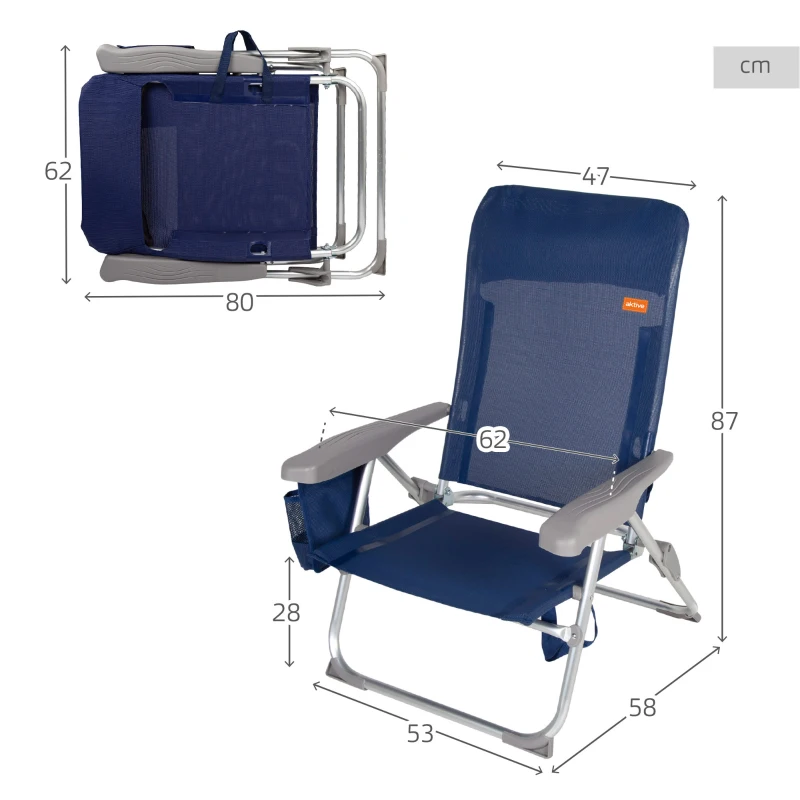 Silla de Playa Plegado Slim Multiposición con Cojín y Bolsillo, 47x58x87 Cm, Azul Marino