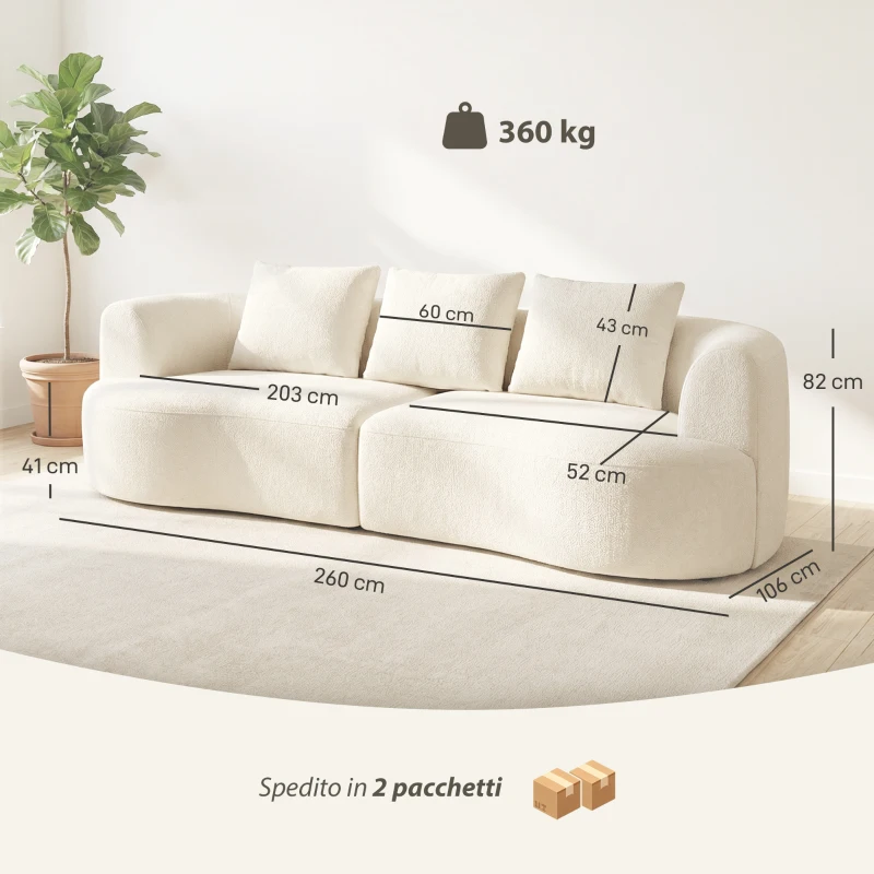 HOMCOM Divano da Salotto 3 Posti Minimal in Ciniglia color Crema con 3 Cuscini, 260x106x82 cm