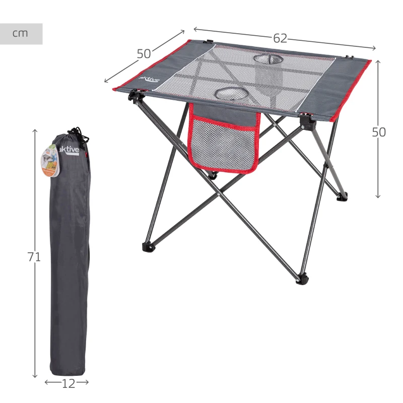 Mesa Plegable de Camping con 2 Posavasos y Bolsillo Lateral, 62x50x50 Cm, Gris y Rojo