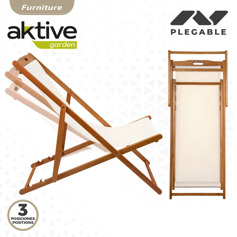 Tumbona Plegable de Madera de Acacia, 59x106x94 Cm, Beige