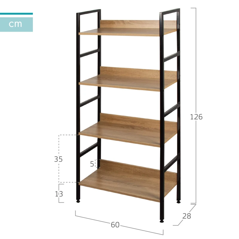 Estantería Madera y Acero 4 Estantes, 60x28x126 Cm, Negro