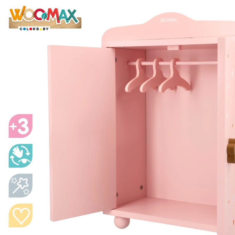 Armario de Madera para Muñecas con 3 Perchas, 24x11x32,5 Cm, Rosa