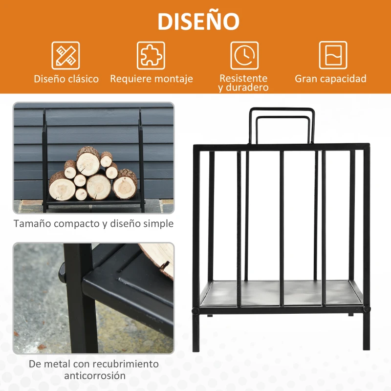 Outsunny Estante de Leña para Chimenea Tradicional Leñero Interior y Exterior Almacenaje para Madera Soporte para Leña con Asas Diseño Elevado 44,5x33x46,5 cm Negro