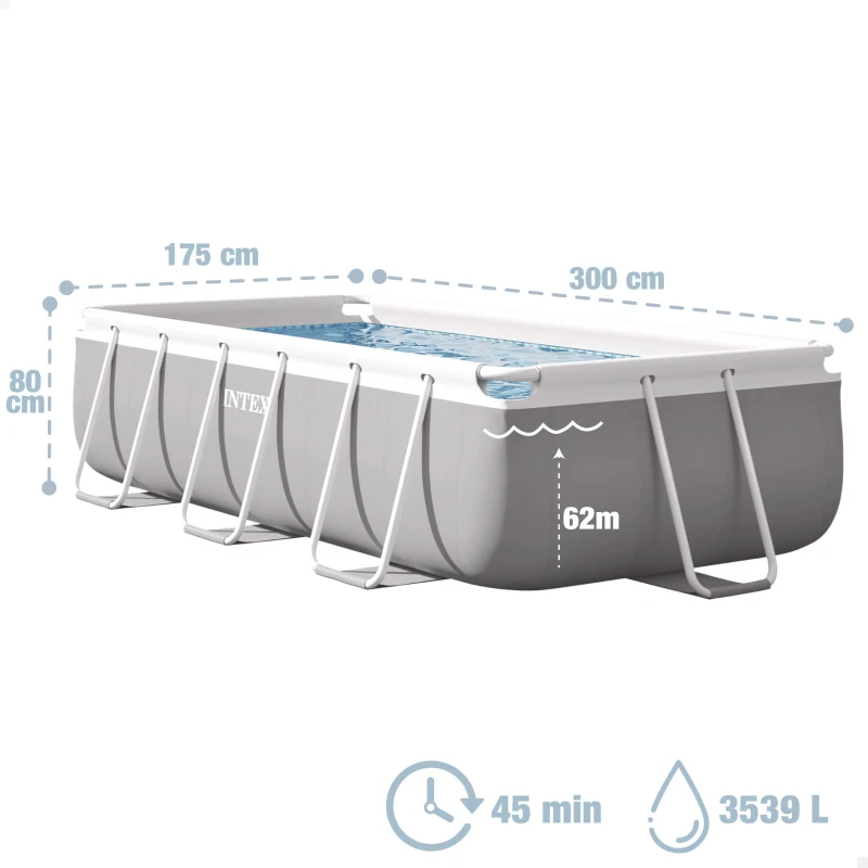 Piscina Elevada Rectangular Prisma Frame INTEX con Depuradora y Escalera, 300x175x80 Cm, Gris Claro