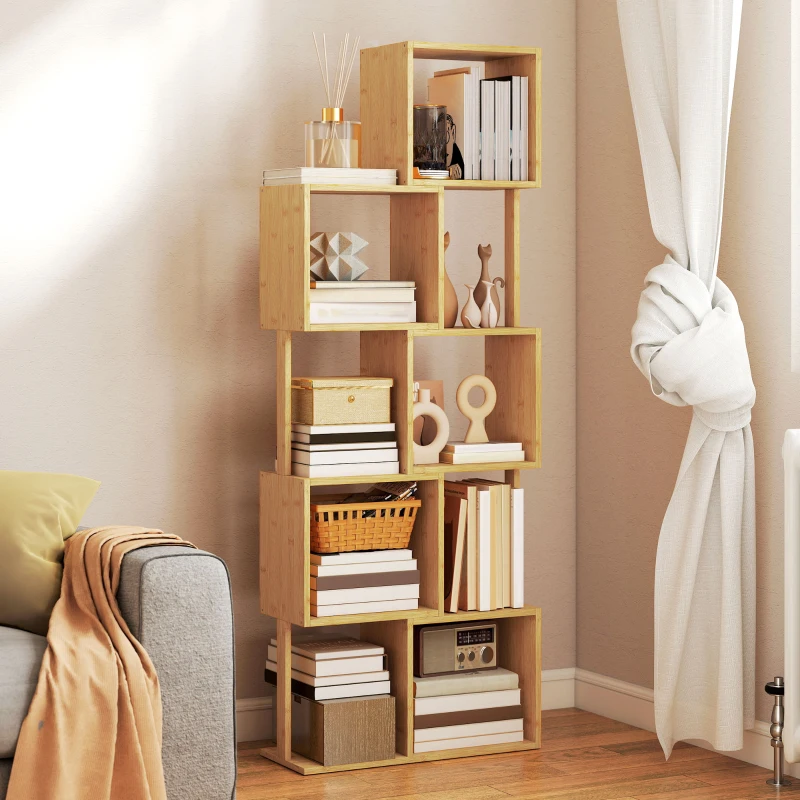 HOMCOM Libreria Moderna Asimmetrica a 5 Livelli in Bambù, 62.5 x 23 x 165 cm, Colore Legno Naturale