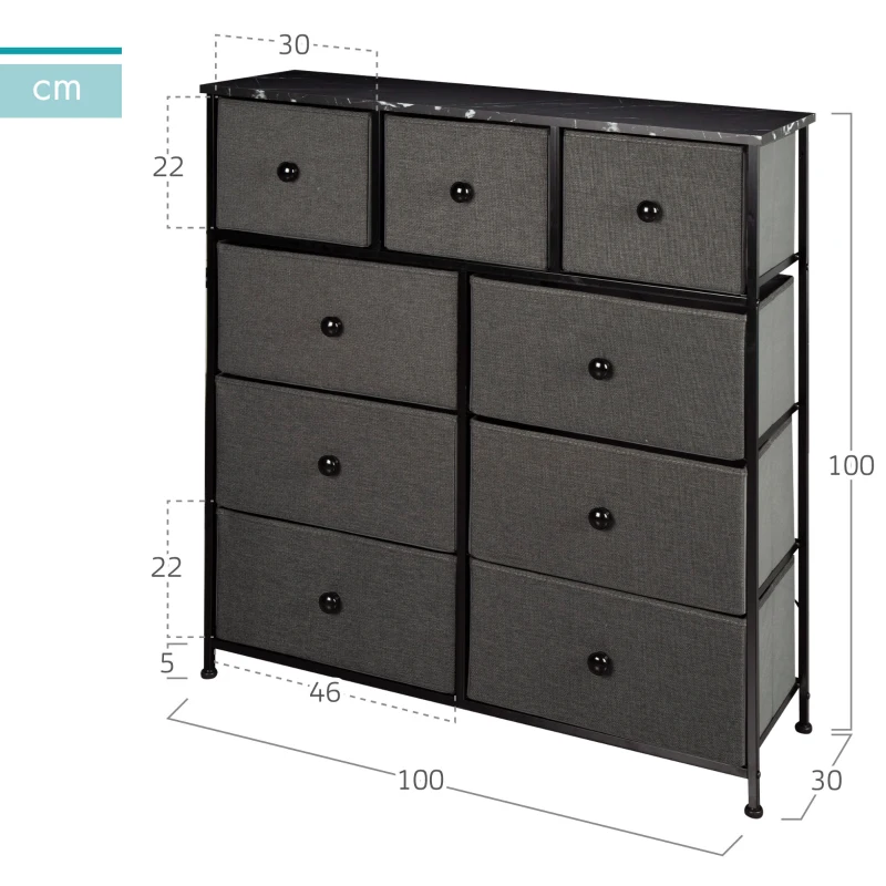 Cómoda 9 Cajones de Tela Efecto Mármol, 100x30x100 Cm, Negro