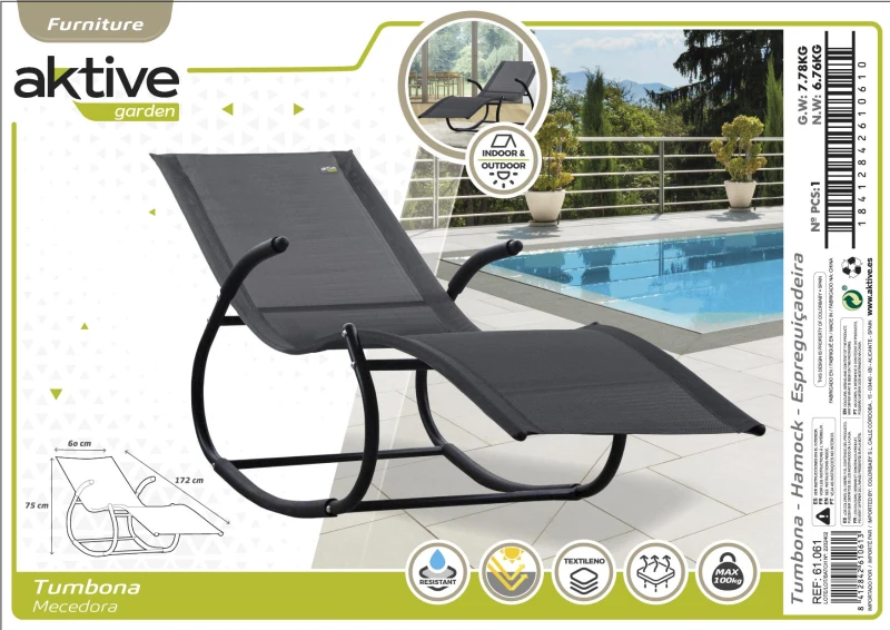Tumbona Mecedora Aktive Garden con Cojín y Estructura de Acero, 172x53x75 Cm, Antracita