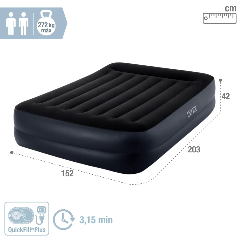 Colchón Hinchable Doble Intex Dura-Beam Plus Pillow Rest Raised, 152x203x42 Cm, Gris