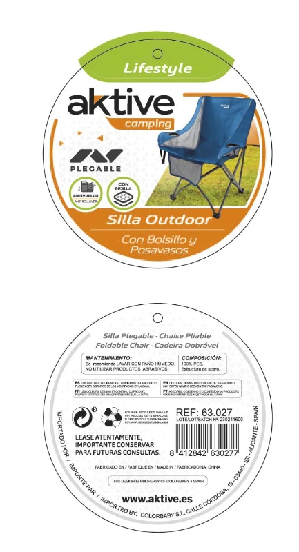 Sillón Plegable de Camping Antivuelco con Posavasos y Bolsillo, 48x50x86 Cm, Azul