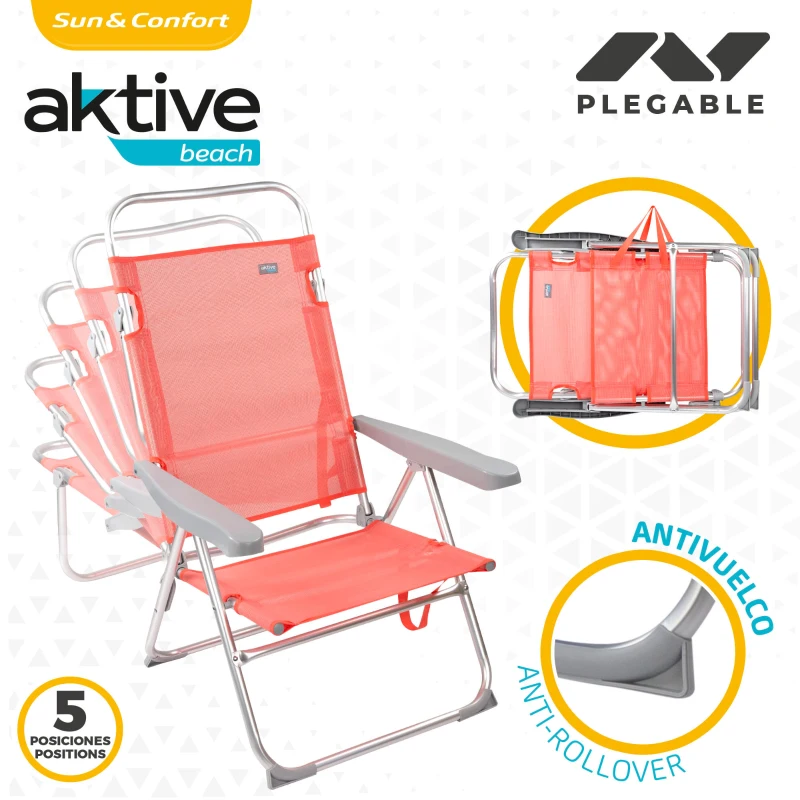 Silla Baja Plegable Reclinable con Estructura de Aluminio, 48x57x100 Cm, Coral