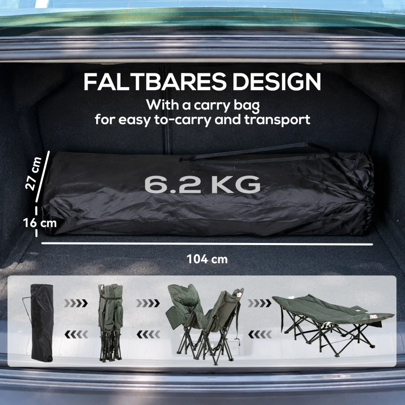 Outsunny Foldable Camp Bed, Padded Patio Camping Bed with Carry Bag, Magazine Bag and Cup Holder for Outdoor, Garden, Grey
