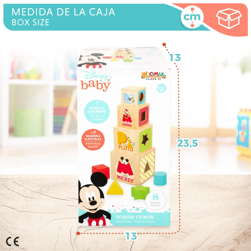 Torre de Cubos de Madera Disney Apilables con Figuras Geométricas, 13x13x23,5 Cm, Multicolor