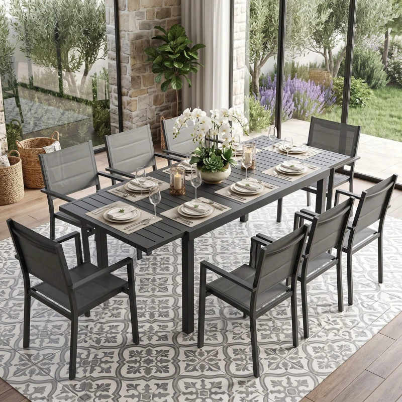 Outsunny Masă de Grădină Extensibilă pentru 6-8 Persoane, Aluminiu cu Blat cu Lamele, Negru