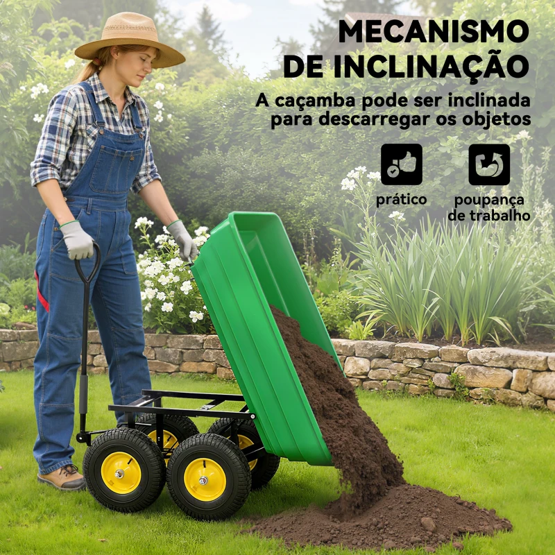 Outsunny Carrinho de Jardim com Caçamba Inclinável até 75° Carrinho de Mão com Guiador Ajustável 109x52x94 cm Verde Escuro