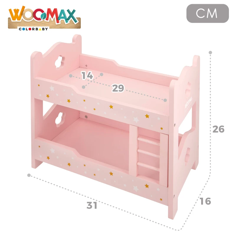 Litera de Madera para Muñecas Doble con Escalera, 31x16x26 Cm, Rosa Palo