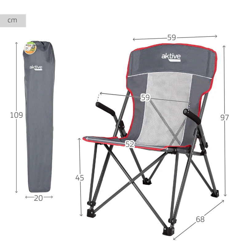 Silla Plegable Camping Antivuelco con Reposabrazos Removibles, 59x68x97 Cm, Gris