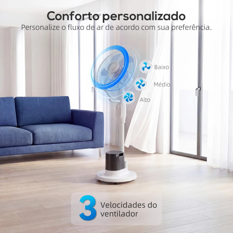 HOMCOM Ventoinha Nebulizadora 90W Oscilação de 70° 3 Velocidades 5 Pás Depósito de Água de 3,5L 5 Rodas 45x40x128 cm Branco