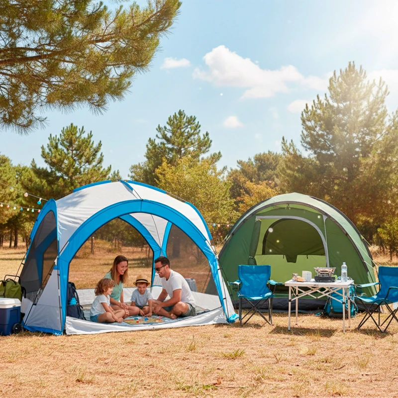 Carpa Camping Plegable con Mosquitera y 4 Puertas, 350x350x260 Cm, Azul y Gris