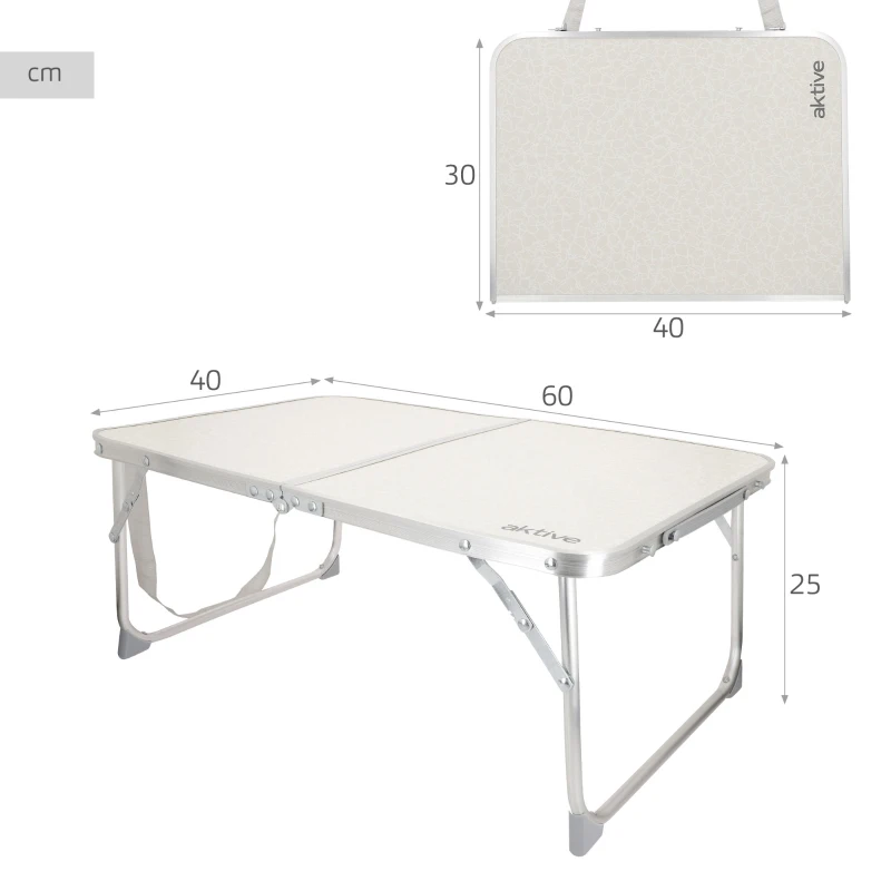 Mesa Plegable Aktive Camping Estructura Aluminio Tablero MDF, 60x40x25 Cm, Crema