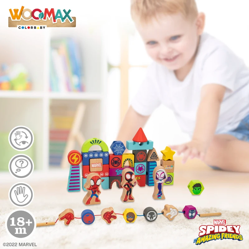 Bloques de Madera Spidey Apilables y Enlazables 33 Piezas, 31x4x28 Cm, Multicolor