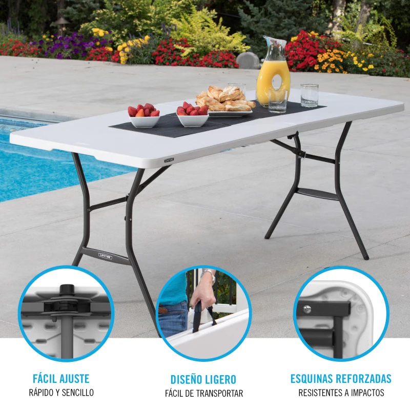 Mesa Plegable Rectangular Lifetime Efecto Granito, 185x76x74 Cm, Blanco