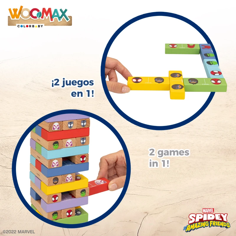 Juego de Bloques de Madera 2 en 1 Spidey, 11x8x27 Cm, Multicolor