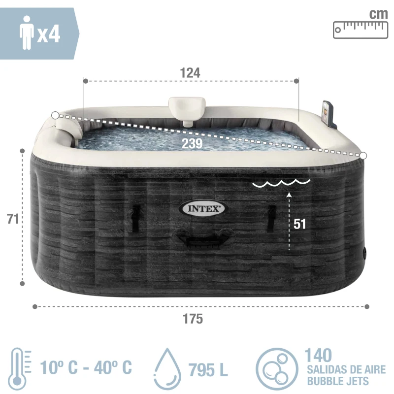 Spa Hinchable para 4 Personas Greystone Deluxe 175x175x71 Cm, Gris