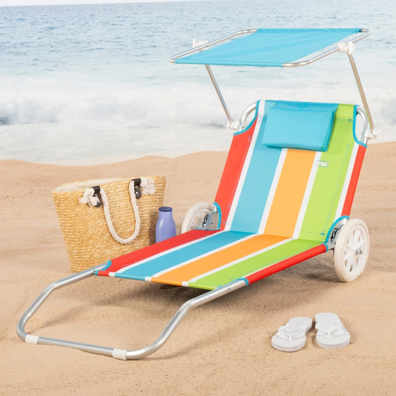 Carro Playa Tumbona 2 en 1 Estructura Aluminio 600D y Cojín Acolchado, 54x11x66 Cm, Azul