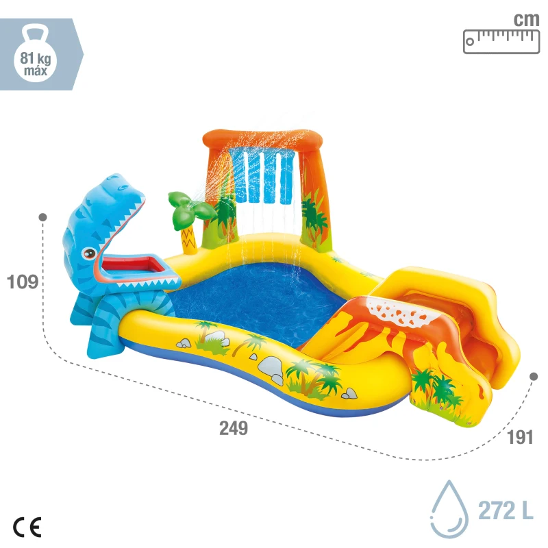 Centro de Juegos Hinchable con Tobogán Acolchado y Dinosaurio, 249x191x109 Cm, Azul