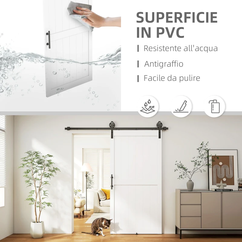 HOMCOM Porta Scorrevole in Stile Country con Binario e Maniglia in Legno e Acciaio, 106.6x213.4 cm, Bianco e Nero