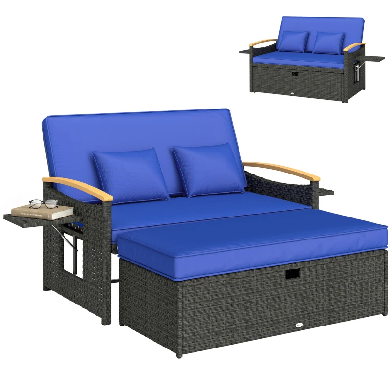 Outsunny Double Garden Rattan Daybed, Wicker Sun Bed Chaise Lounger with Storage Ottoman, 4-Level Adjustable Backrest, Brown