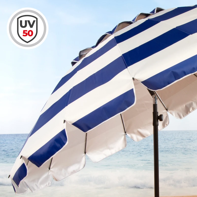 Sombrilla de Playa Antiviento 16 Varillas, Ø240 Cm, Azul y Blanco