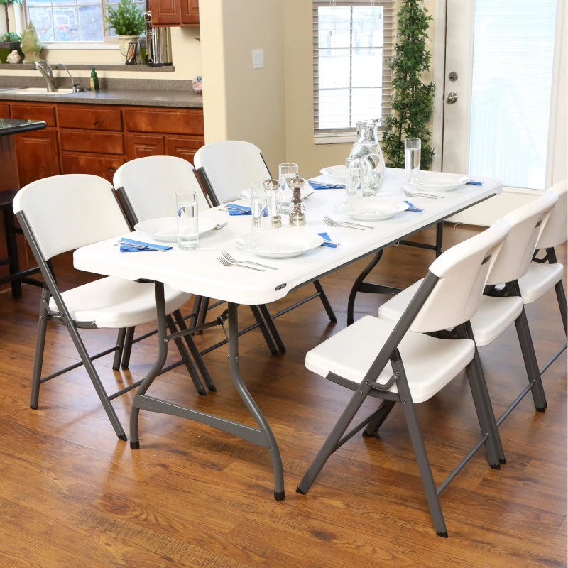 Mesa Rectangular Patas Abatibles, 182x76x74 Cm, Blanco Efecto Granito