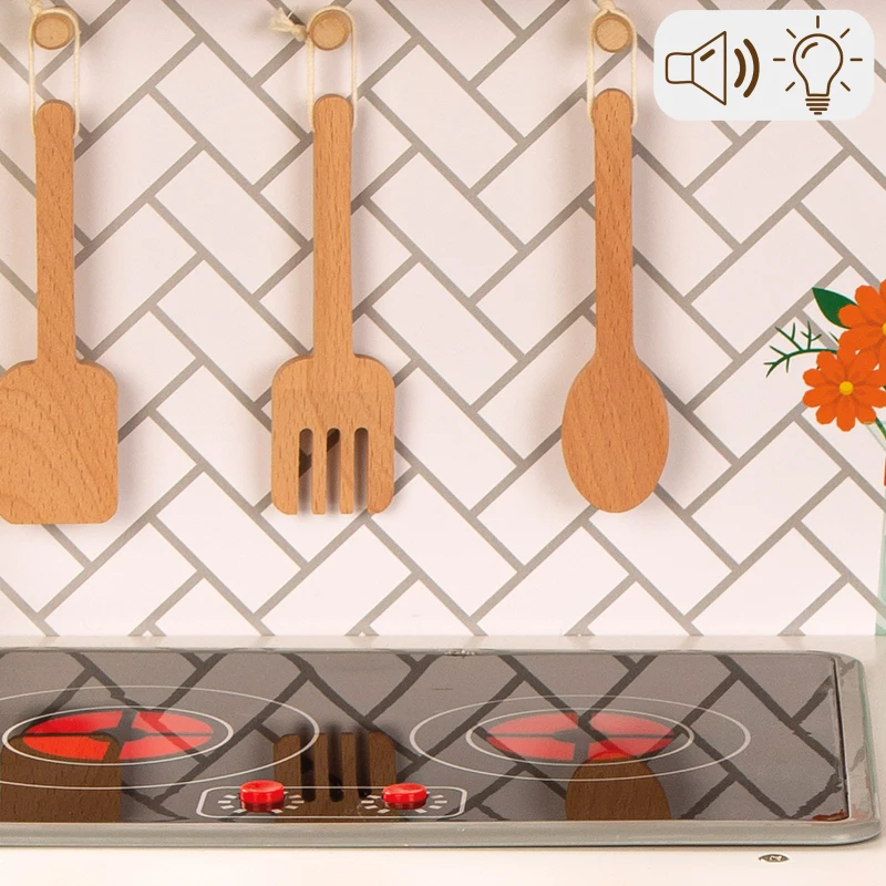 Cocina Infantil de Madera Woomax Eléctrica, 59,5x30x94,5 Cm, Madera Natural