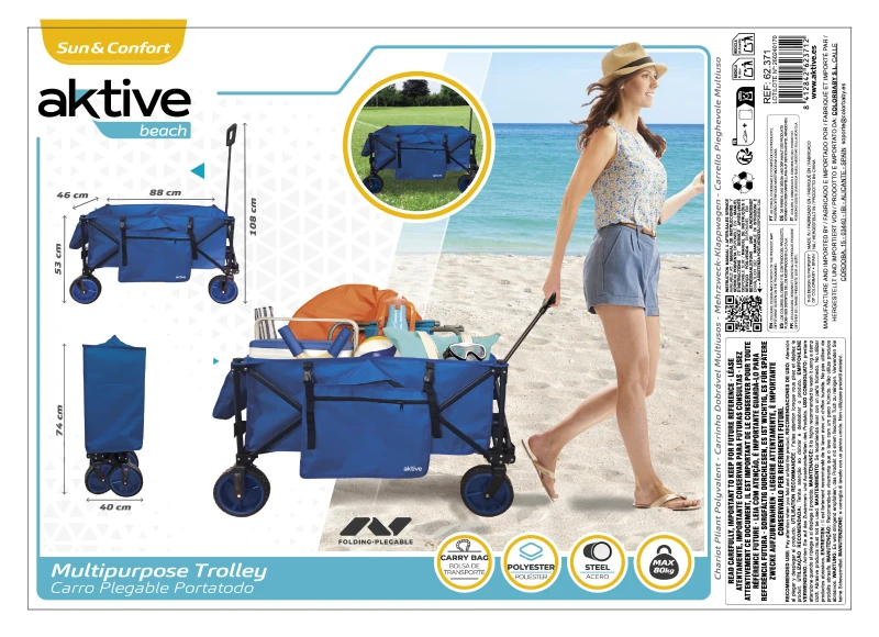 Carro Playa Plegable Aktive Capacidad 80 Kg, 30,5x20,5x74 Cm, Azul