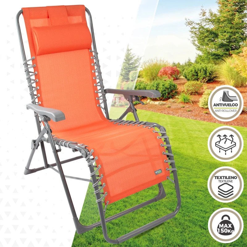 Silla Tumbona Gravedad Cero Plegable con Cojín, 160x52x76 Cm, Naranja