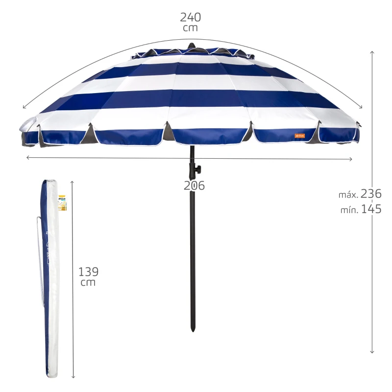 Sombrilla de Playa Antiviento 16 Varillas, Ø240 Cm, Azul y Blanco