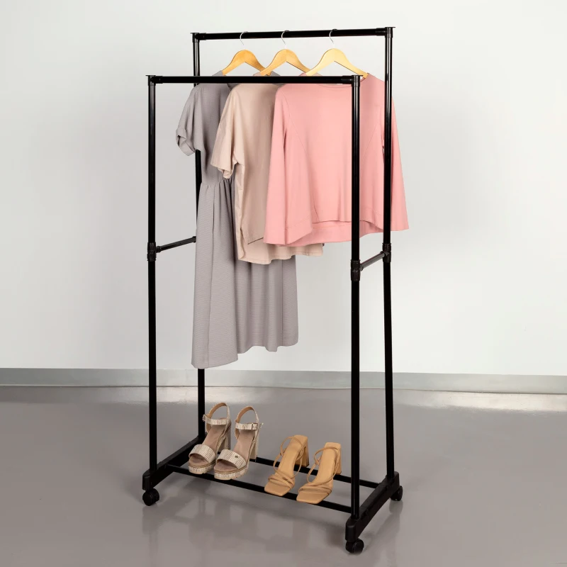 Perchero Ropa Doble con Estante y Ruedas, 75x40x157 Cm, Negro