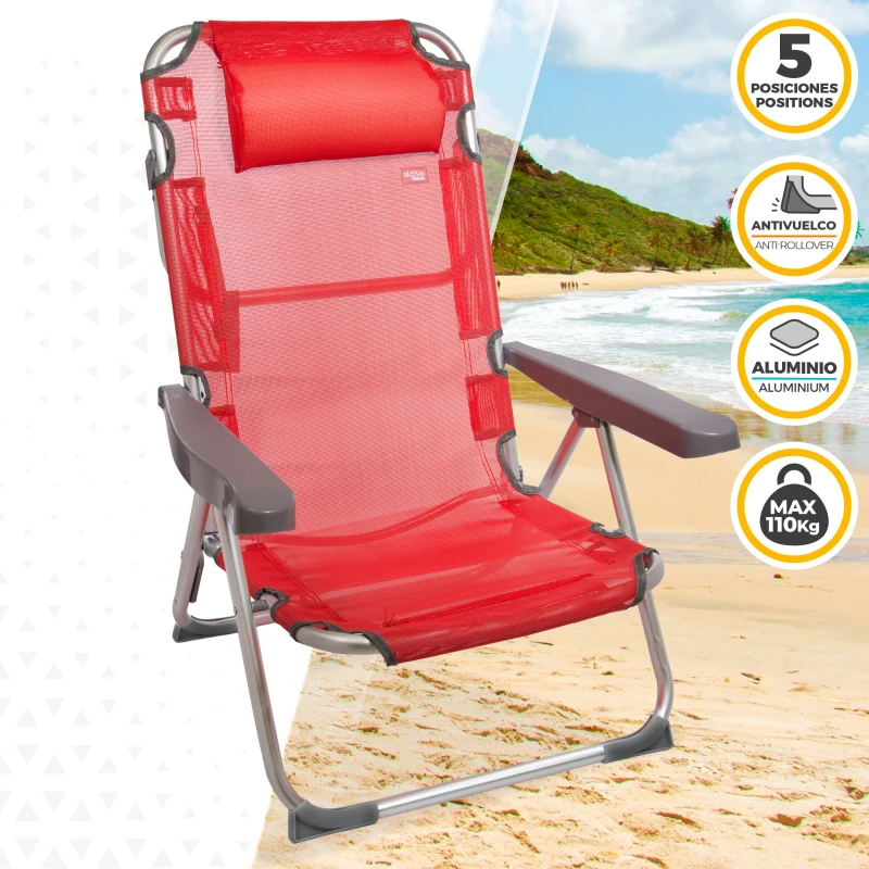 Silla Playera Plegable Multiposición con Cojín, 48x60x90 Cm, Rojo