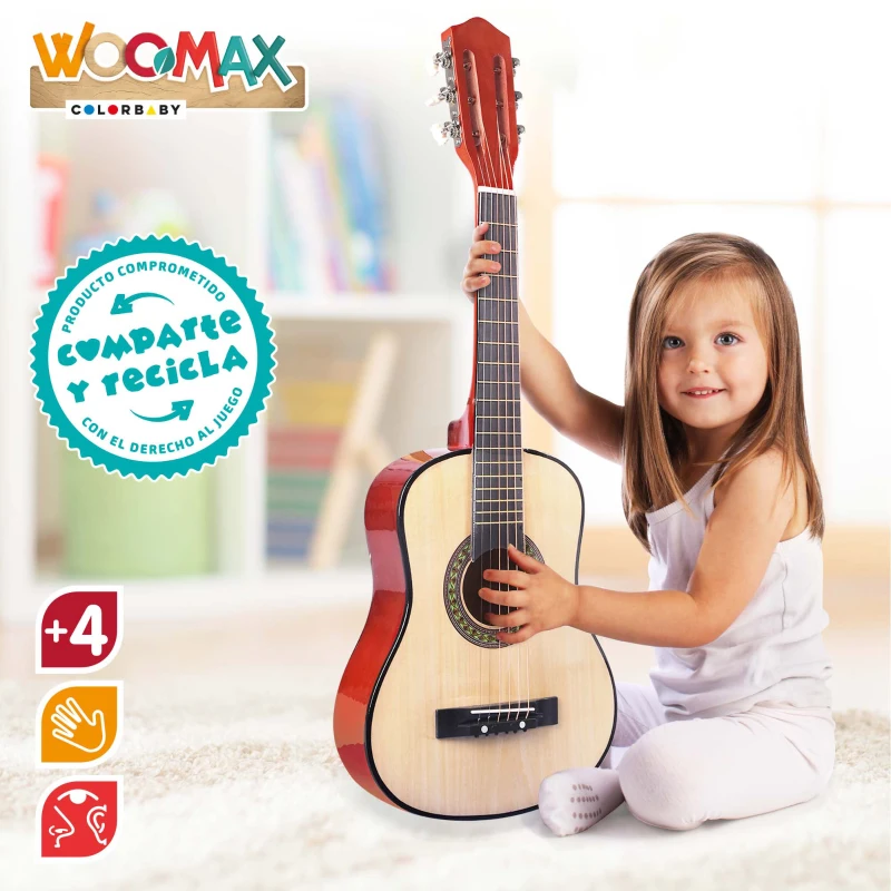 Guitarra de Juguete 6 Cuerdas de Madera Woomax, 26x8x76 Cm, Madera Natural
