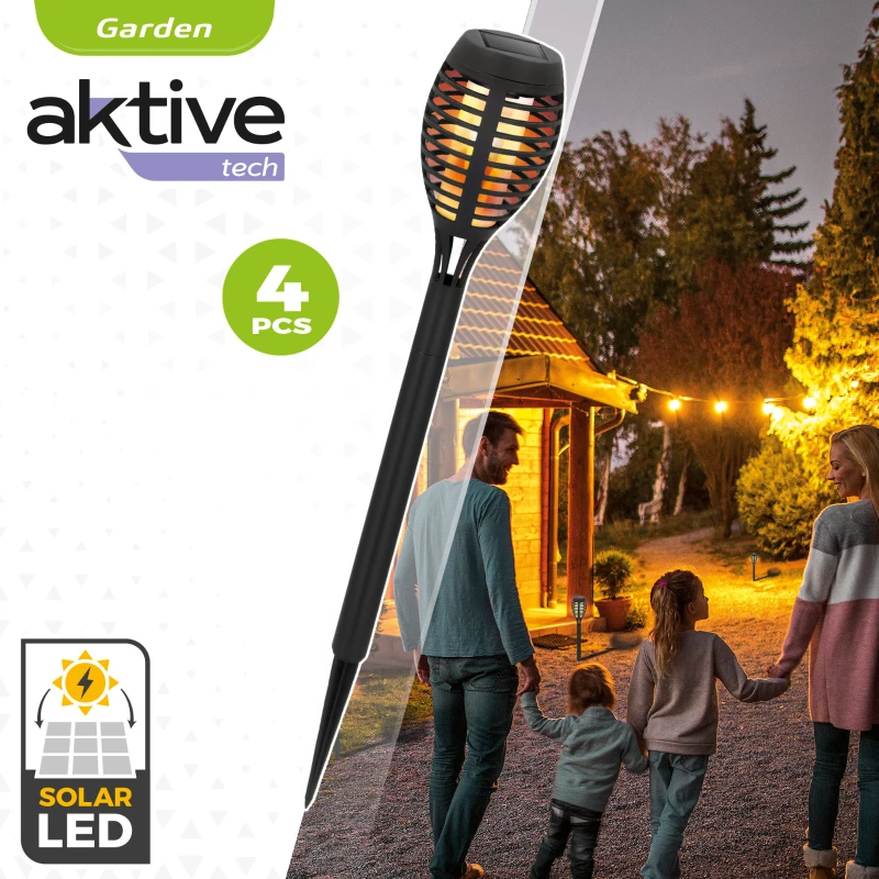 Pack 4 Antorchas Solares Efecto Llama, 12 LEDs, Ø7,5x50 Cm, Negro