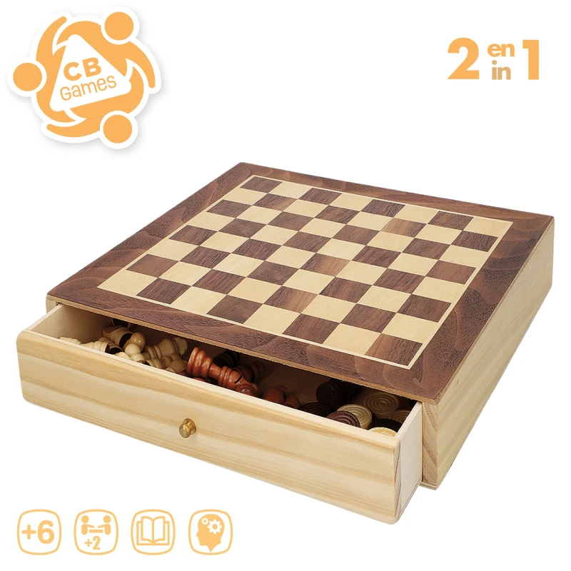 Juego 2 en 1 Ajedrez y Damas de Madera con Cajón, 30x30x5,5 Cm, Marrón y Blanco