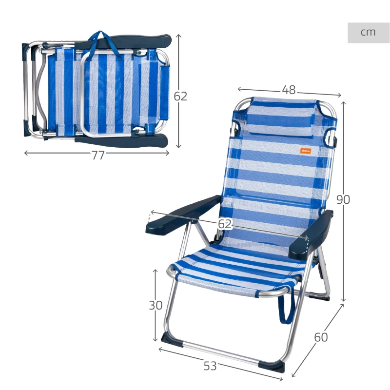 Silla de Playa 2 en 1 Plegable Reclinable con Cojín, 48x60x90 Cm, Azul y Blanco