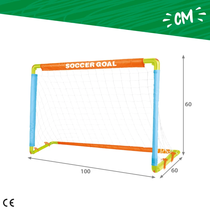 Portería de Fútbol Infantil Plegable con Mini Balón y Piquetas, 100x60x60 Cm, Naranja, Azul y Verde