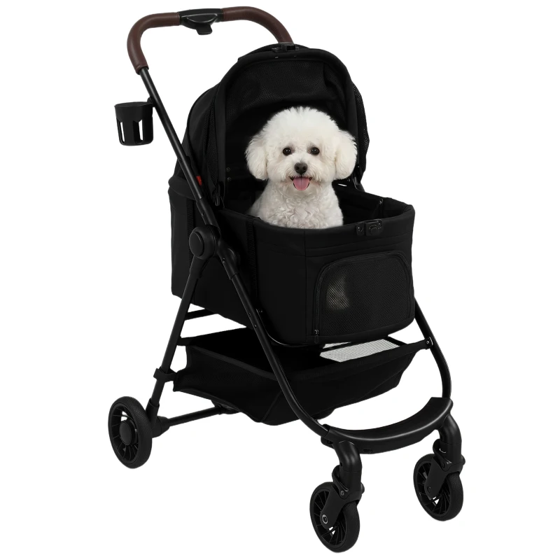 PawHut Dog Stroller, 3 in 1 Foldable Pet Stroller for Small Puppy Cat with Detachable Travel Carrier, Storage Basket, Black