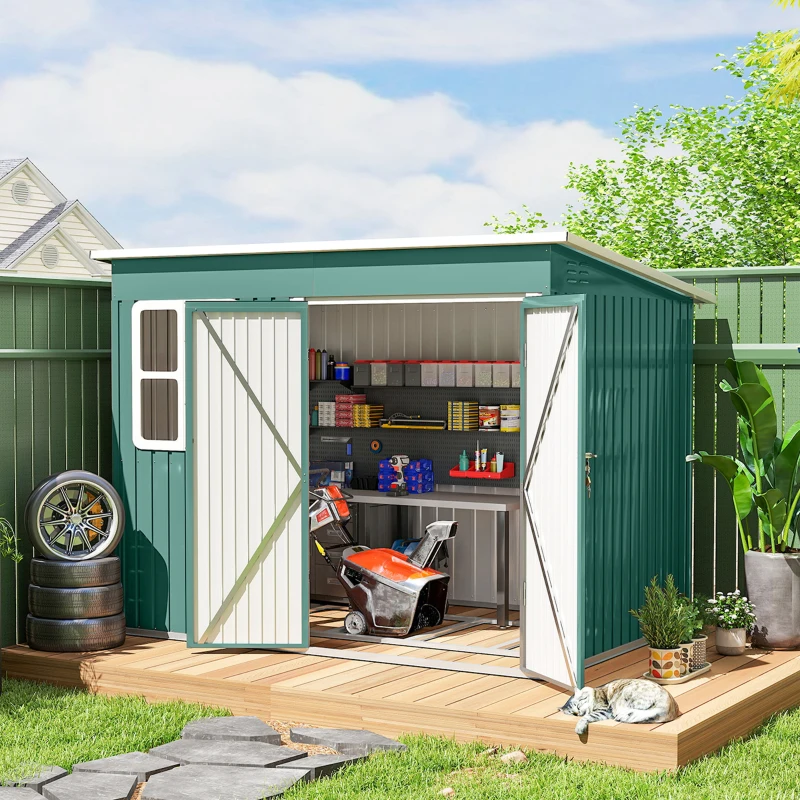 Outsunny Metalen schuur voor het opbergen van tuingereedschap, met raam, brede deur, 260 x 177 x 190 cm, groen