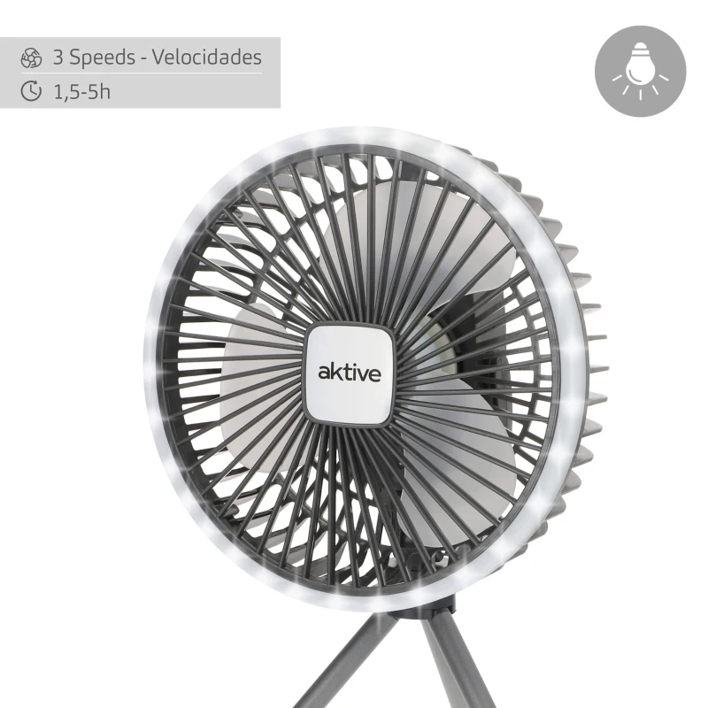 Ventilador Portátil Silencioso 3 en 1 con Luz LED y Carga USB, 19x9x18 Cm, Blanco